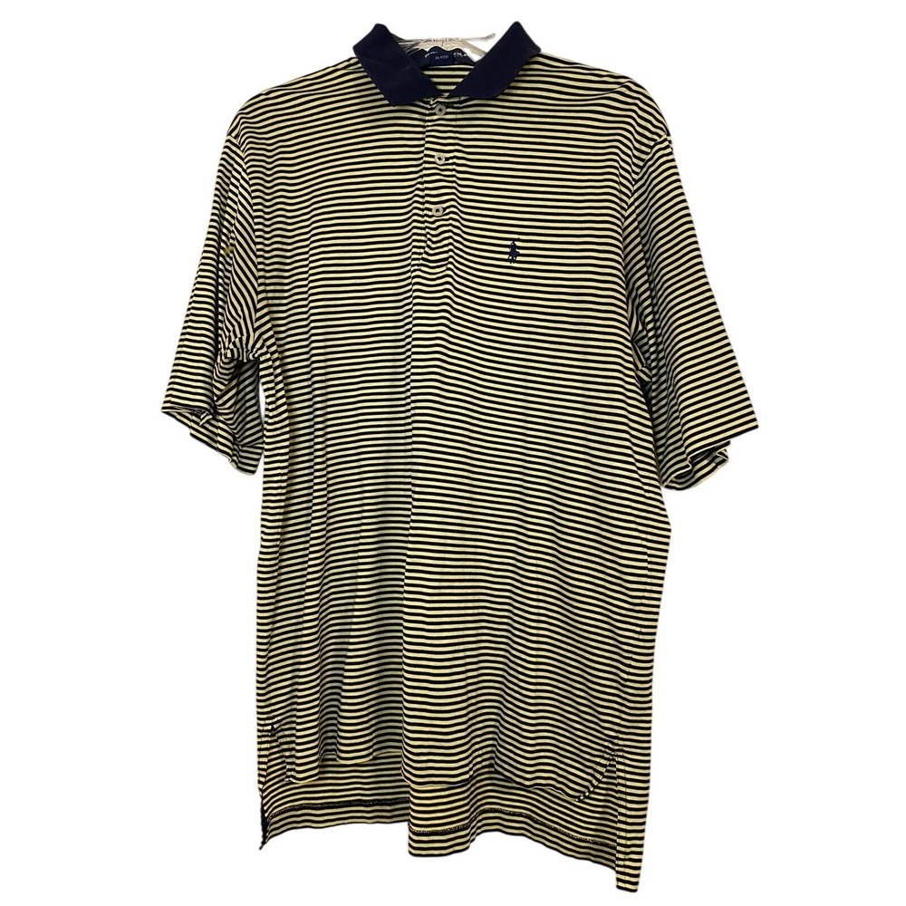 Polo Golf Ralph Lauren Mens L Striped Polo Shirt Yellow Navy Blue 100% Cotton